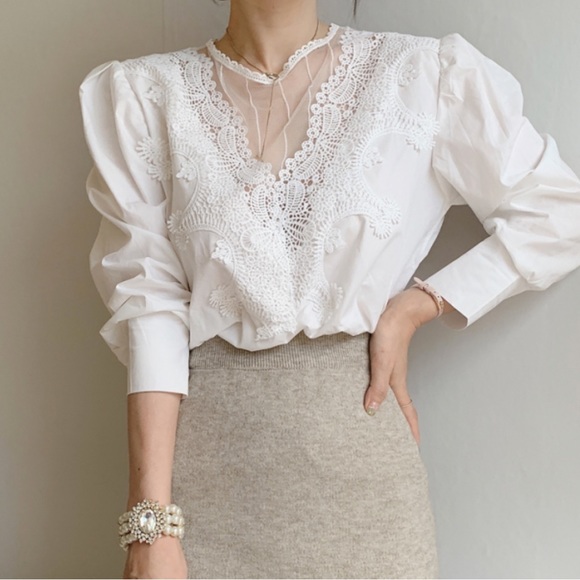 White lace blouse mesh puff sleeve long sleeve shirt womens